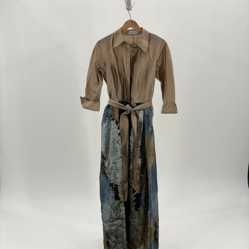 Teri Jon Metallic Feather-Print Maxi Skirt